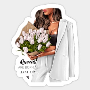 Queens Are Born In January White Outfit White Tulips Sticker